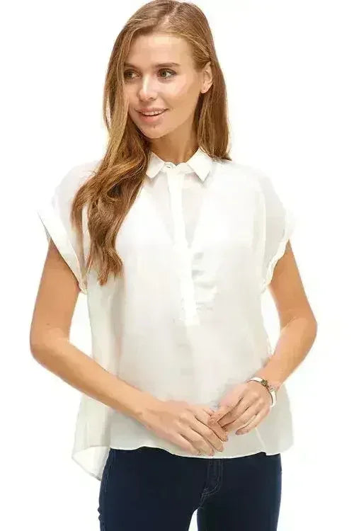 Rolled Sleeve Satin Blouse – Silk V-Neck Button-Up Tope | Femstylo