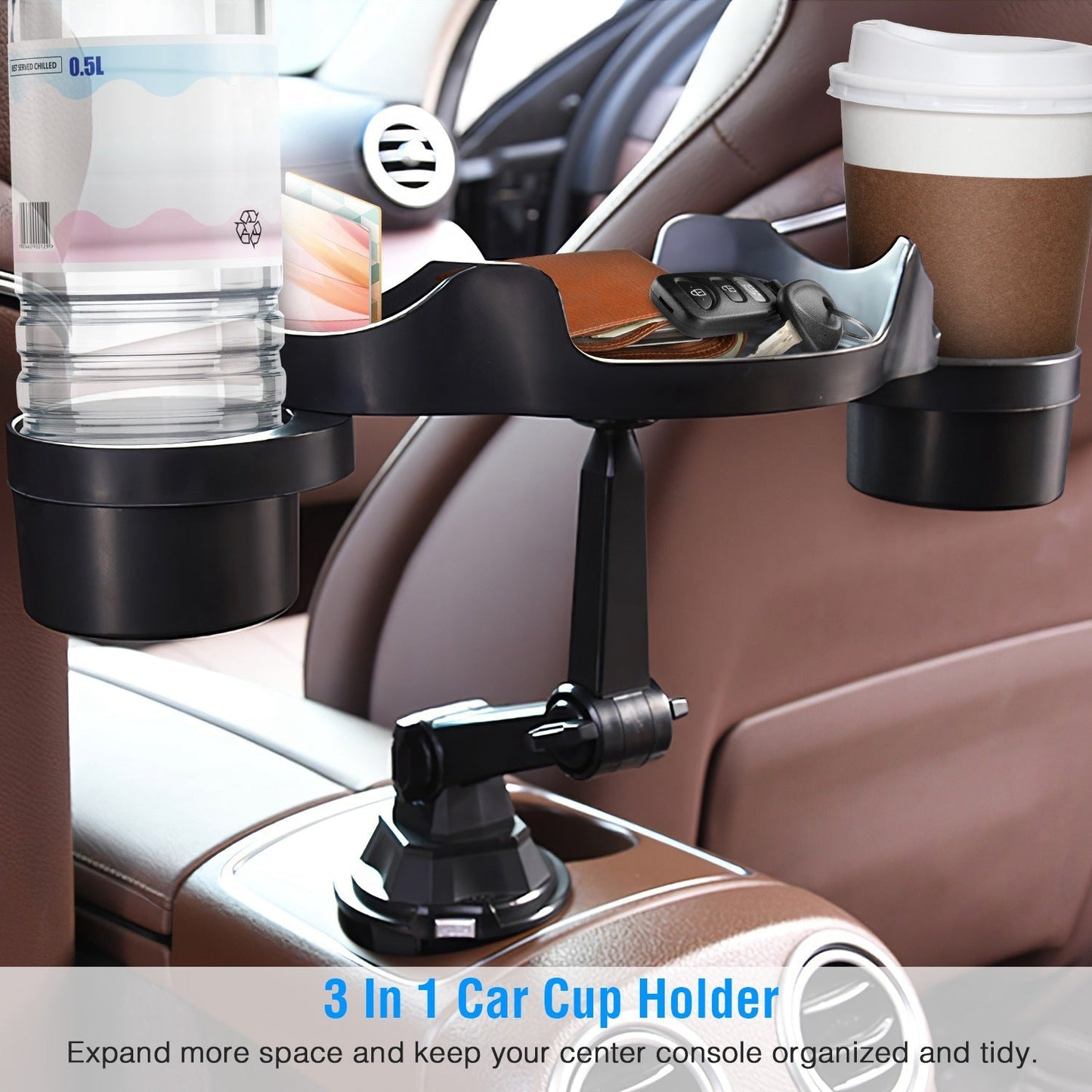 Car Cup Holder Expander 360¡ Rotating Car Tray Bottle Holder Adapter Multifunctional Water Cup Mount Stand with Phone Slot