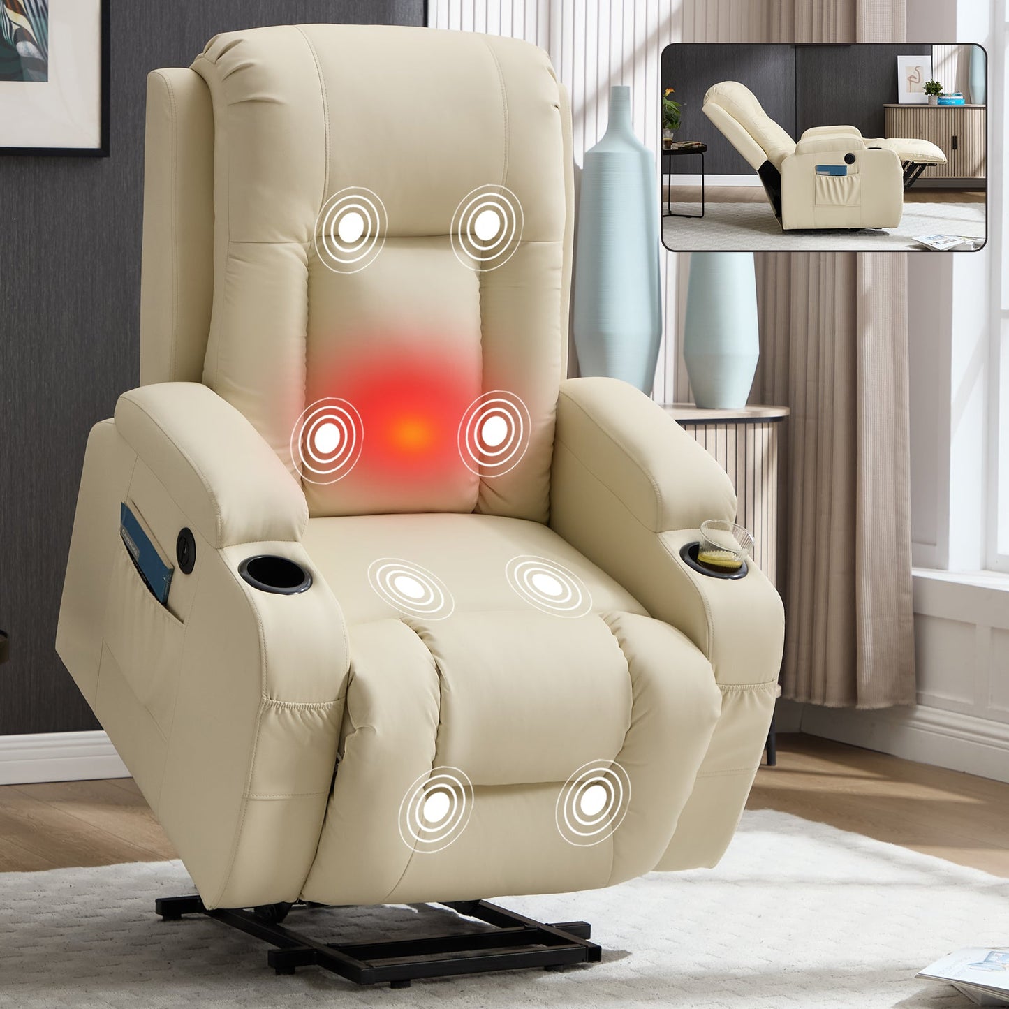 Beige PU Infinite Position Power Lift Recliner Chair
