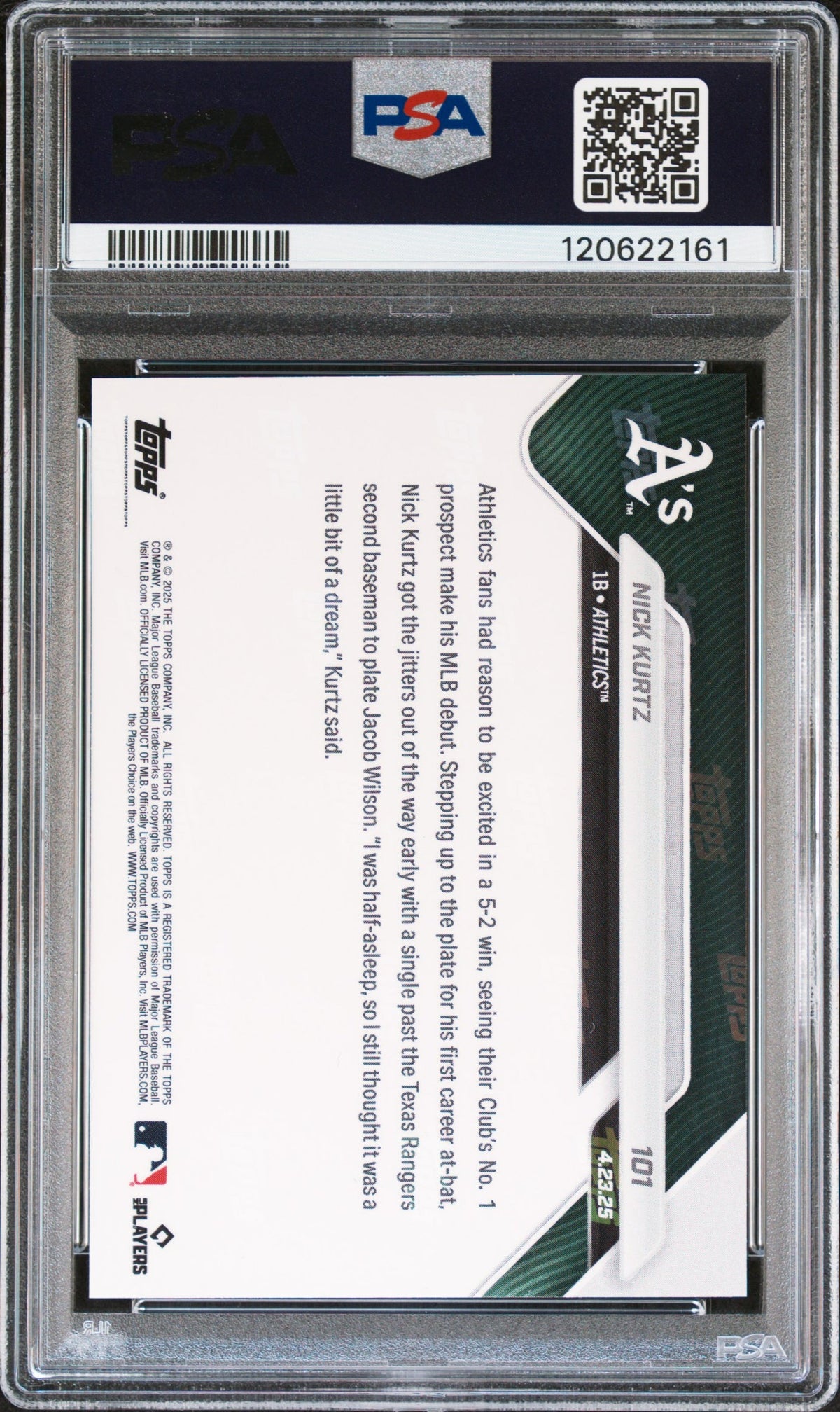 Graded 2025 Topps Now Nick Kurtz #101 Rookie RC Baseball Card PSA 9 Mint