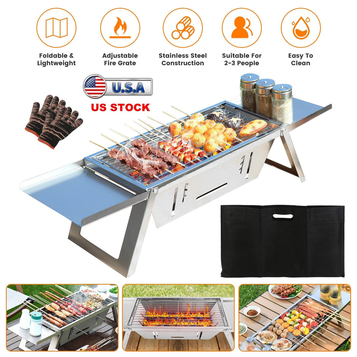 3 In 1 Foldable Charcoal Grill Fire Pit Slow Cooker 2-3 People Portable Camping Grill Stainless Steel BBQ Grill for Camping Tailgating Yard