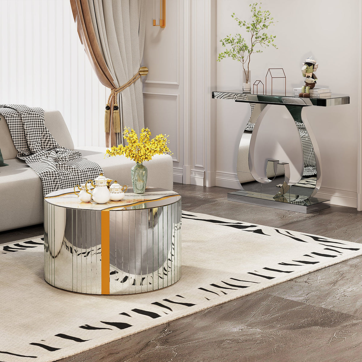Modern Mirror Side Table with Double C-Shape Base