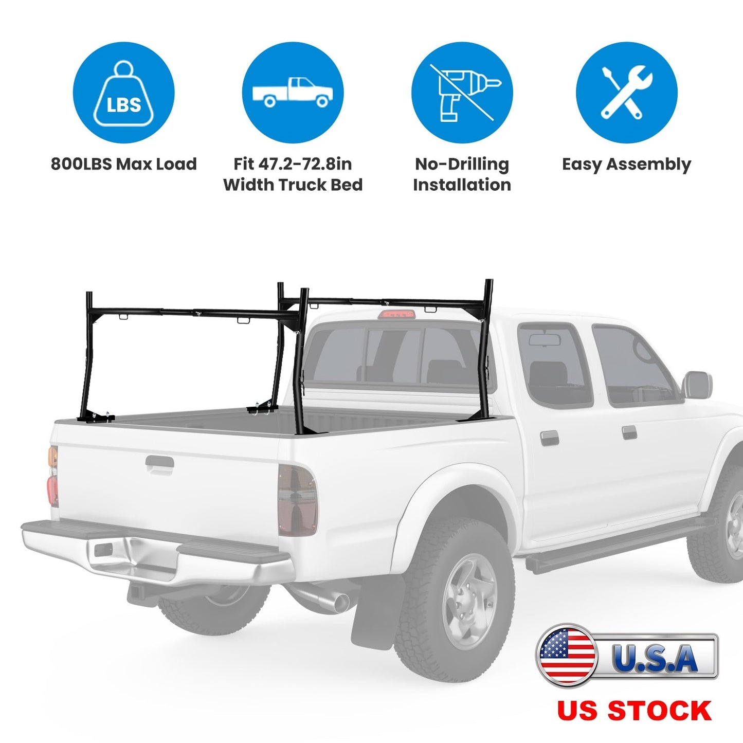 1Pair Extendable Truck Ladder Rack Non-Drilling Pick-up Truck Bed Utility Rack Adjustable Steel Truck Rack with 800LBS Capacity for 47.2-72.8in Wide T