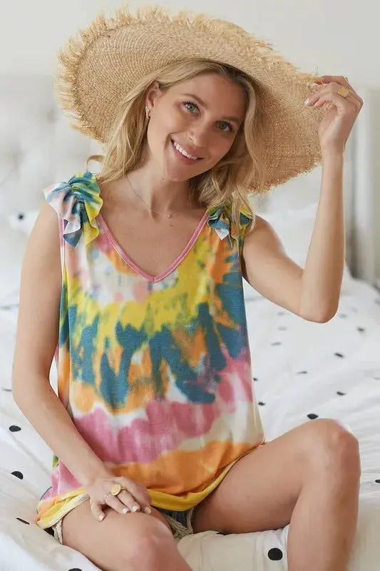 Trendsi Tie Dye Ruffle Knit Tank - V-Neck