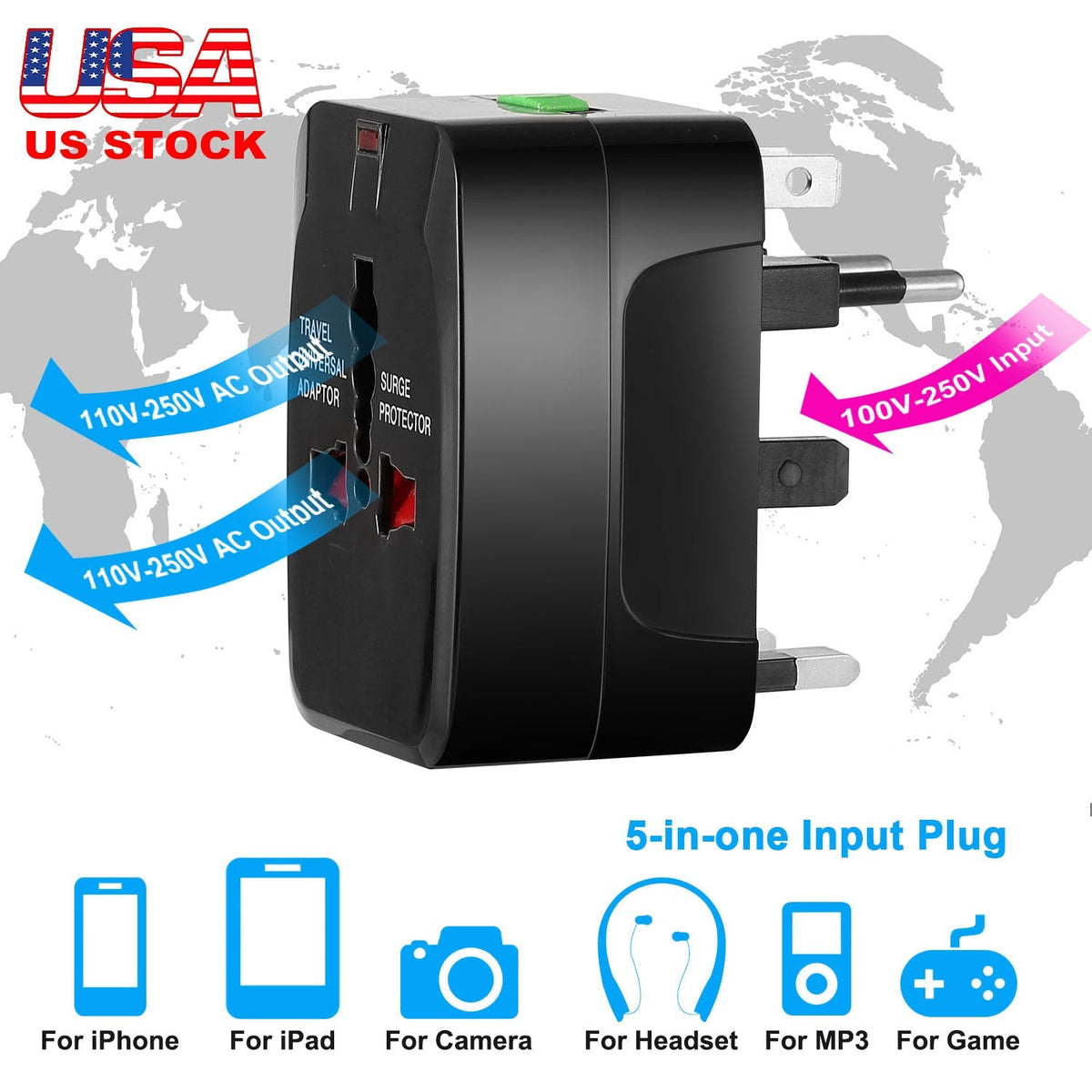 Universal Travel Adapter AC Power Plug Adapter US UK EU AUST Worldwide Socket For Phones Tablet Cameras