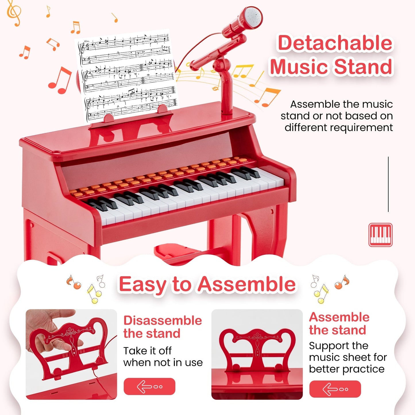 37 Keys Music Piano with Microphone Kids Piano Keyboard with Detachable Music Stand