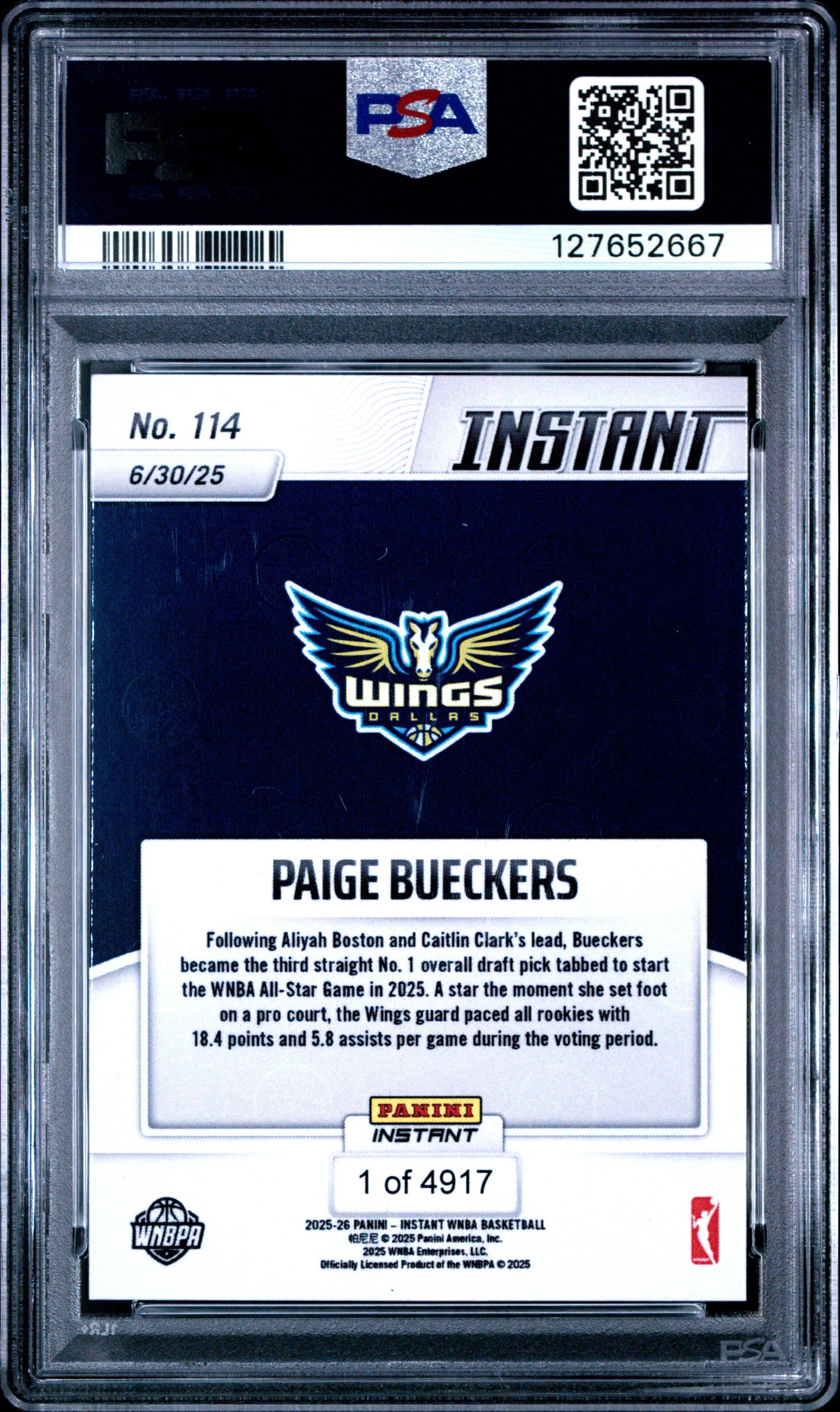Graded 2025 Panini Instant WNBA Paige Bueckers #114 Rookie RC Basketball Card PSA 9 Mint