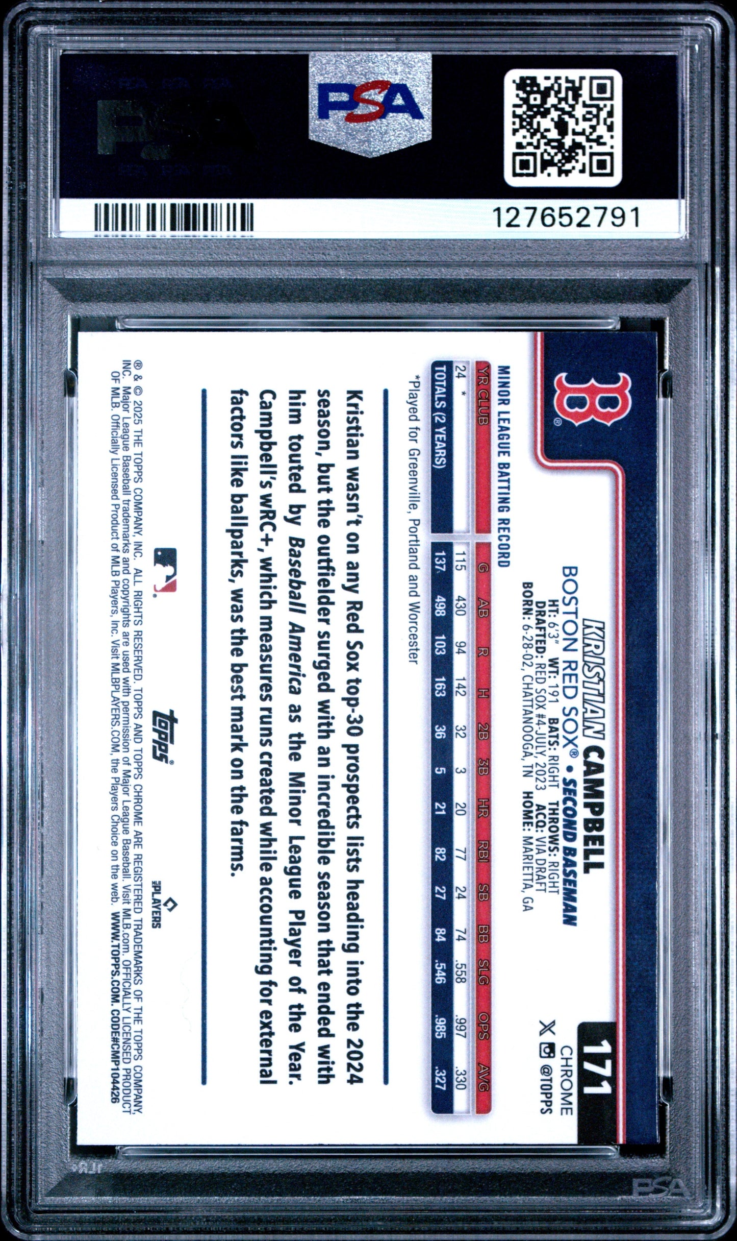 Graded 2025 Topps Chrome Kristian Campbell #171 Rookie RC Baseball Card PSA 10 Gem Mint