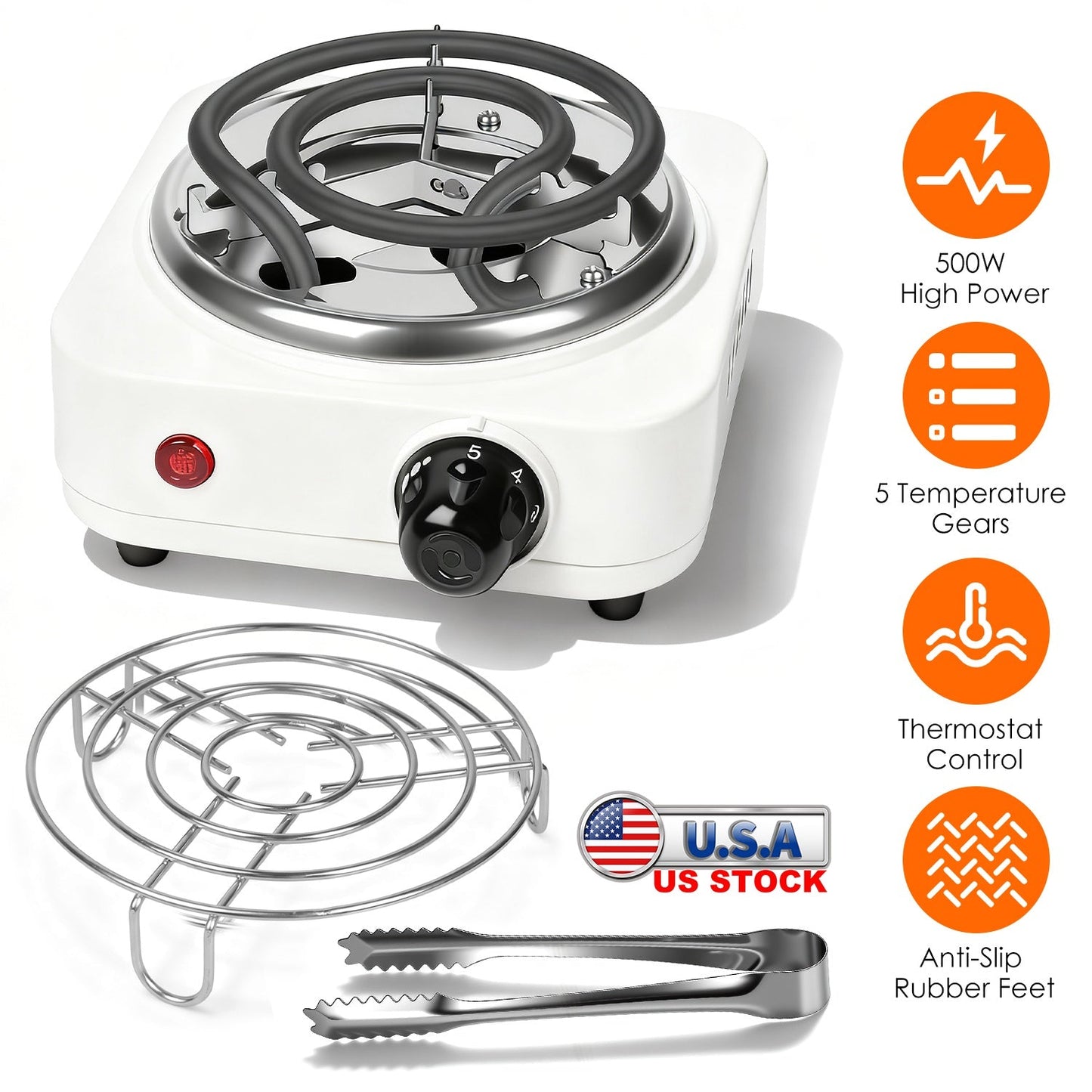 Electric Charcoal Burner 500W Hookah Charcoal Burner Compact Coal Burner for Hooka Cubes Shisha with Grill and Tongs 5 Temperature Gears 338℉-1022℉ Th