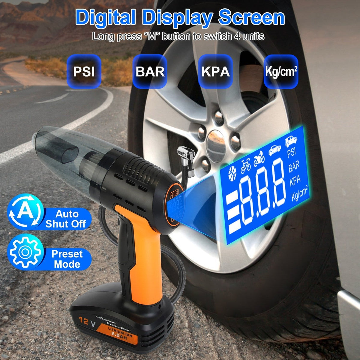 4 In 1 Cordless Car Vacuum Cleaner and Tire Inflator with LED Light Digital Display Tire Pressure Gauge 150PSI Rechargeable Air Compressor Pump Essent