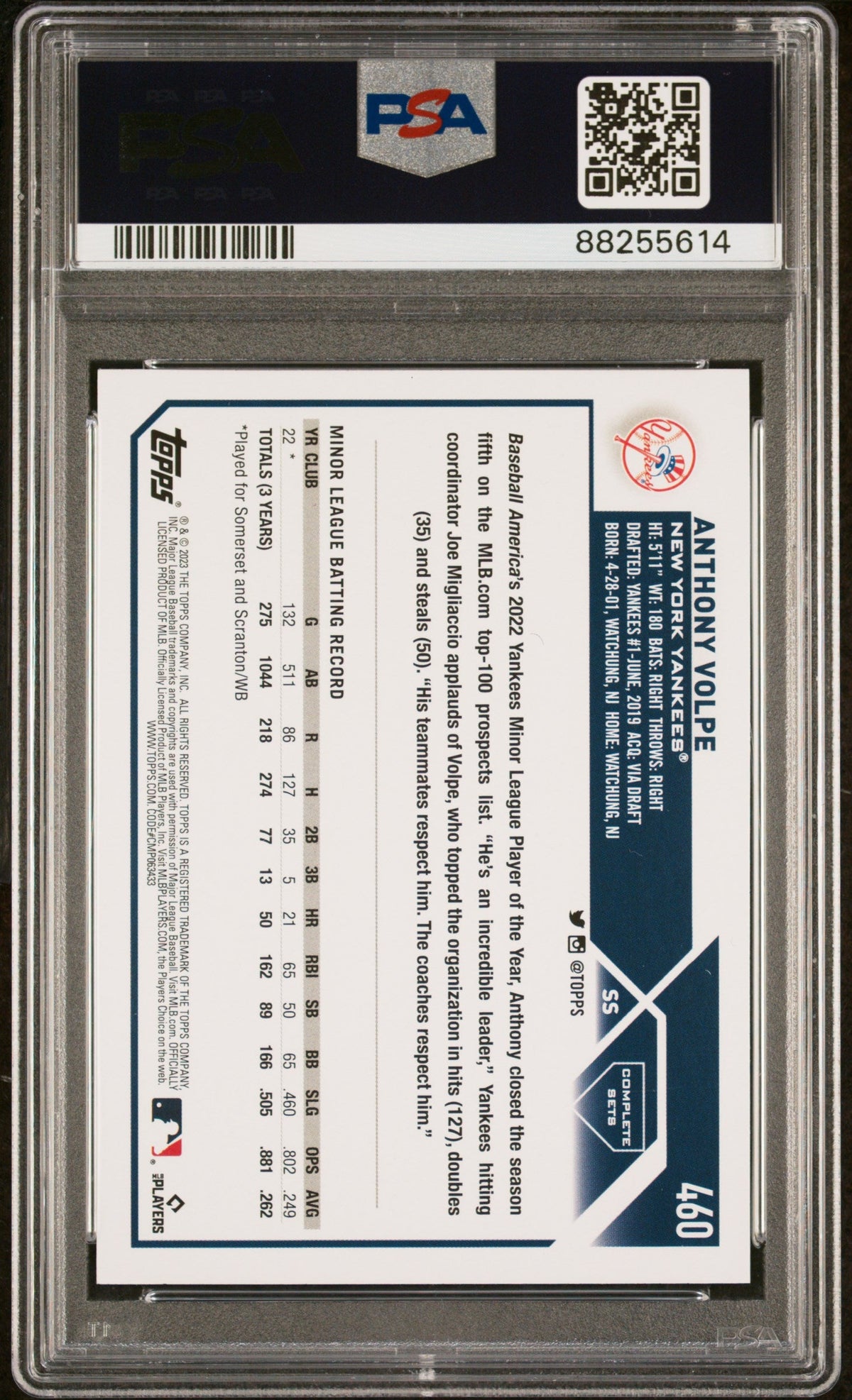 Graded 2023 Topps Complete Set Anthony Volpe #460 SP Rookie RC Baseball Card PSA 10 Gem Mint