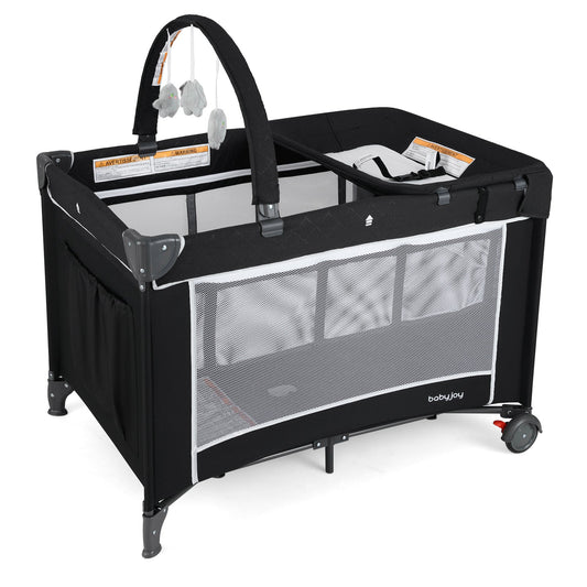 3-in-1 Portable Baby Crib and Playpen with Changing Table-Black