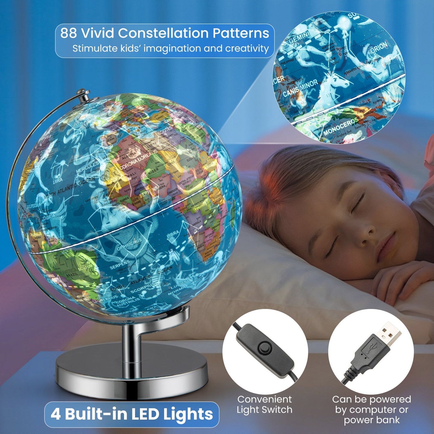 3-in-1 Illuminated World Globe with Stand and 88 Constellations