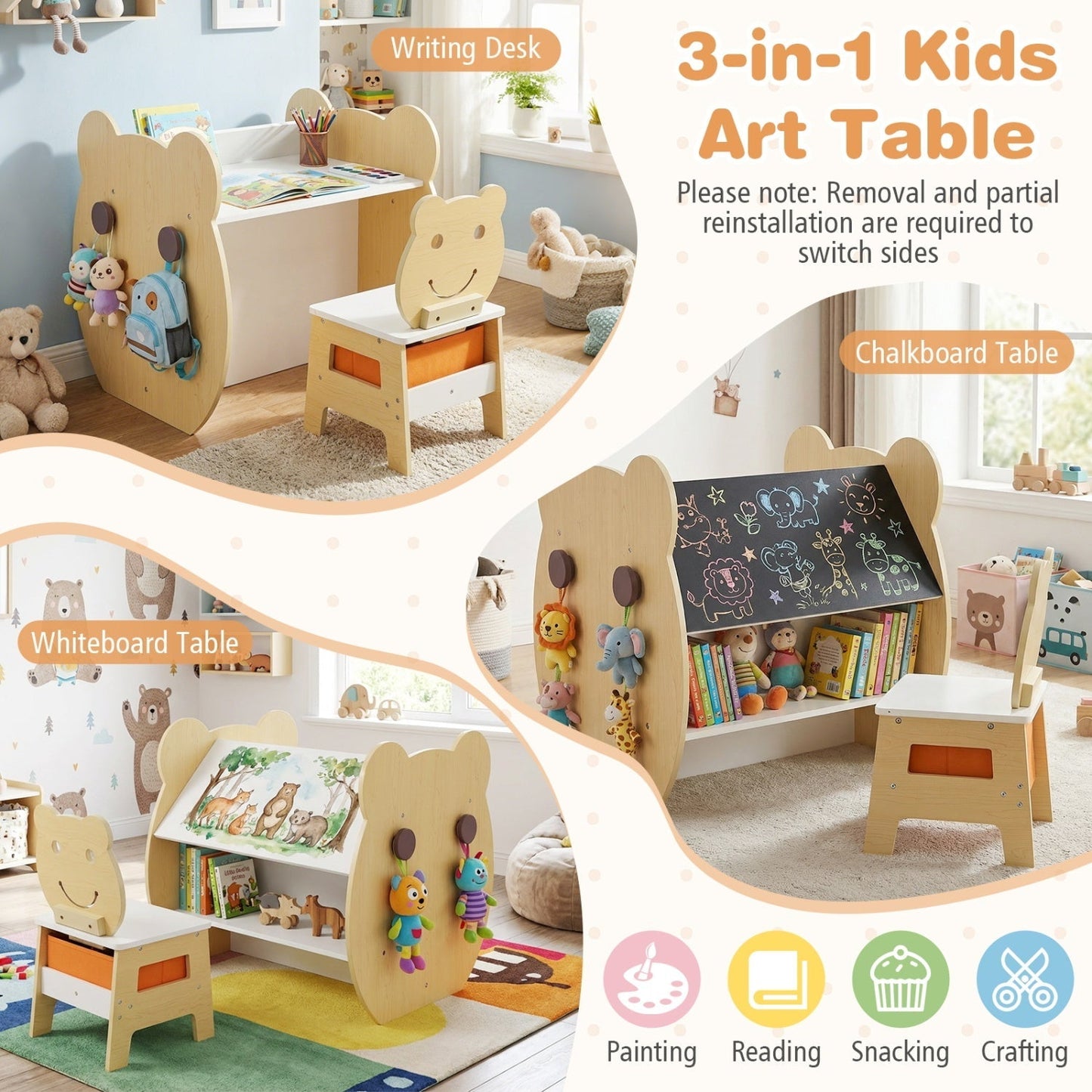 3-in-1 Kids Art Table and Chair with Storage and Reversible Whiteboard Chalkboard for Ages 3-10 Years Old-White