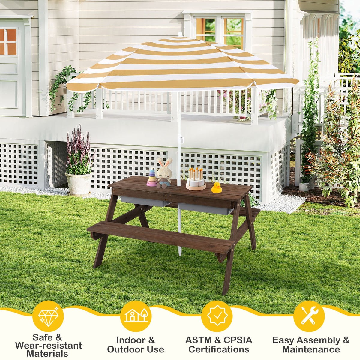 3-in-1 Kids Outdoor Picnic Water Sand Table with Removable Umbrella and Boxes-Coffee