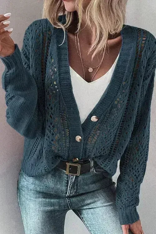 Dark Khaki Cardigan – Open Knit Drop Shoulder Sweater | Cotton-Acrylic Blend