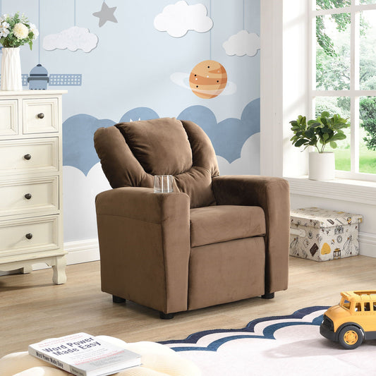 Kids Recliner Chair with Cup Holder - Brown Upholstered Couch