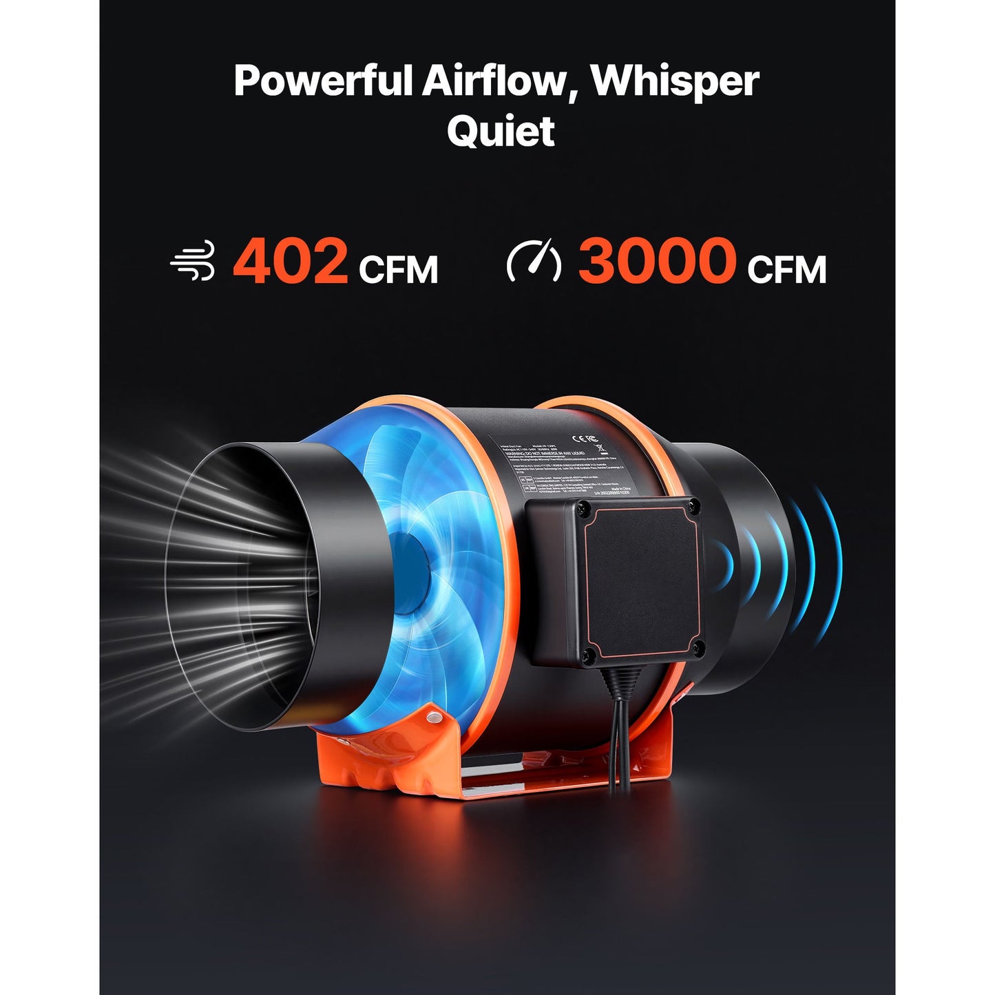 Inline Duct Fan with 402 CFM and 3-Speed Circulation