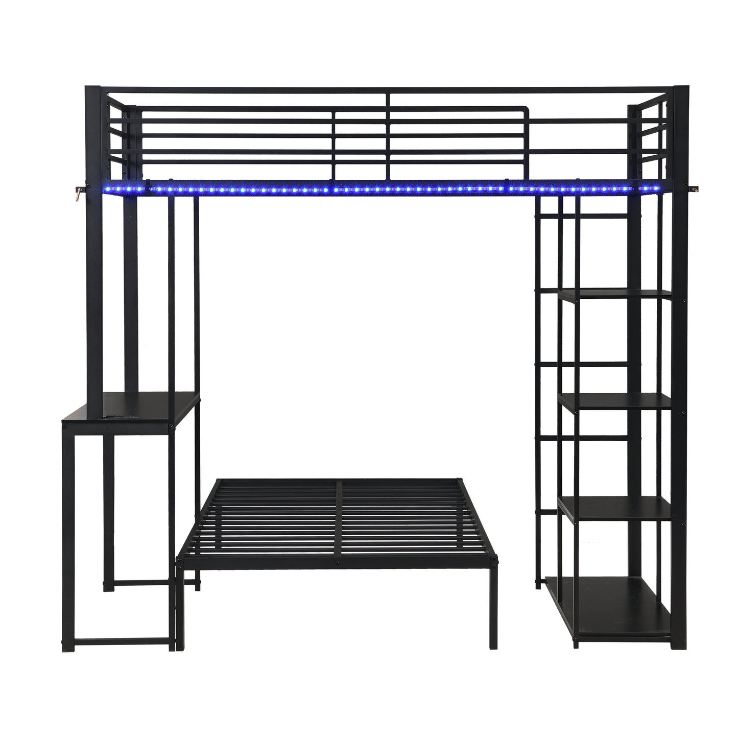 Metal Loft Bed Frame with LED Light Strip, Side Storage Shelves & Built-in Desk