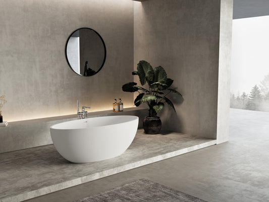 67 in. x 31 in. Oval Freestanding Solid Surface Soaking Bathtub with Center Drain in Matte