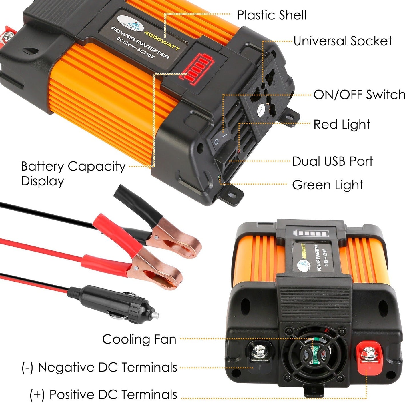 500W Continuous Power Inverter DC 12V To AC 110V Car 4000w Peak Power Inverter w/ Dual 5V 2.1A USB Ports For RV Caravan Truck Laptop