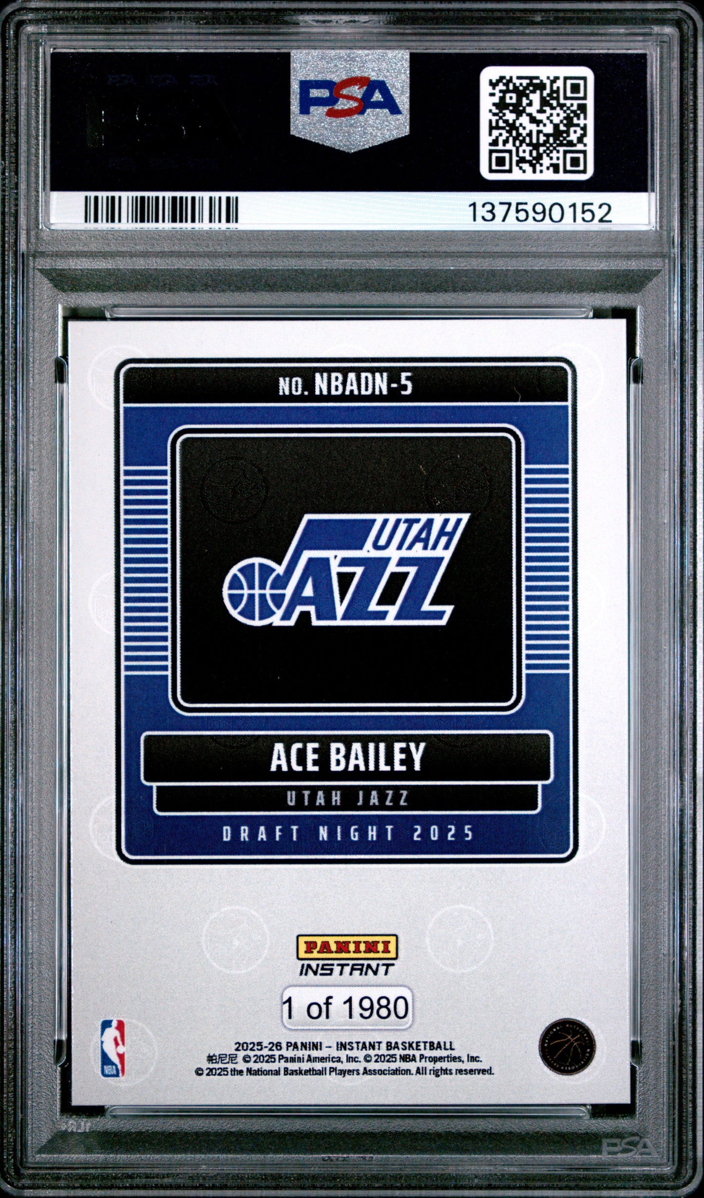 Graded 2025 Panini Instant Ace Bailey #5 Draft Night Rookie RC Basketball Card PSA 10 Gem Mint