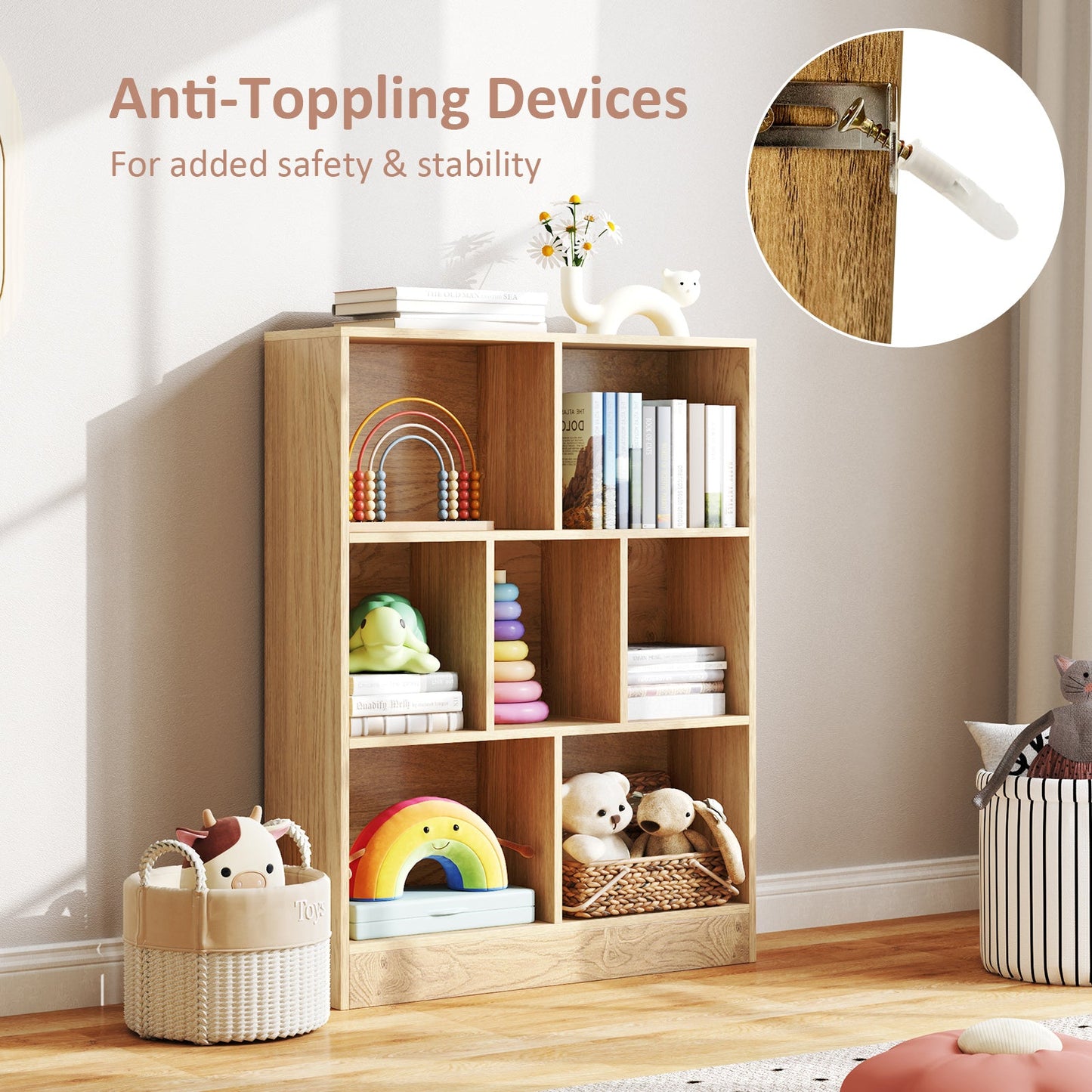 7-Section Freestanding Bookshelf for Kids Room Classroom Daycare Nursery-Natural