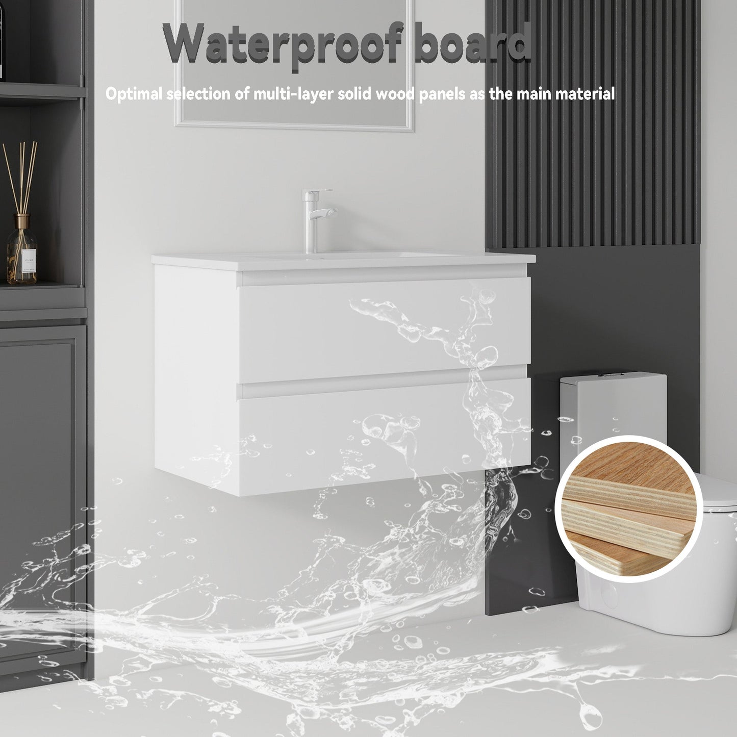 30 Inch Floating Bathroom Vanity with Sink, Soft-Close Drawer, Ceramic Sink, Plywood