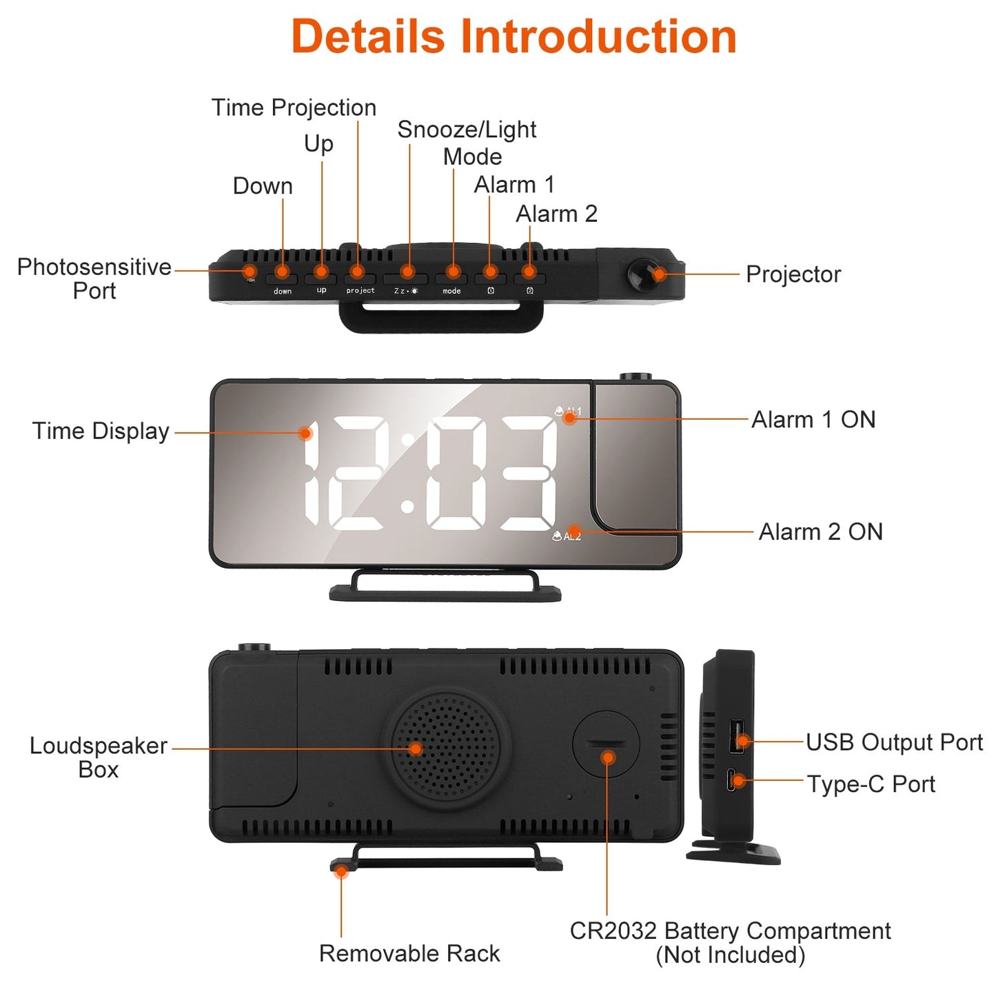 Projection Alarm Clock LED Digital Alarm Clock with Dual Alarms Snooze Function 6 Dimmer 12/24 Hour USB Port 7.7In Mirror