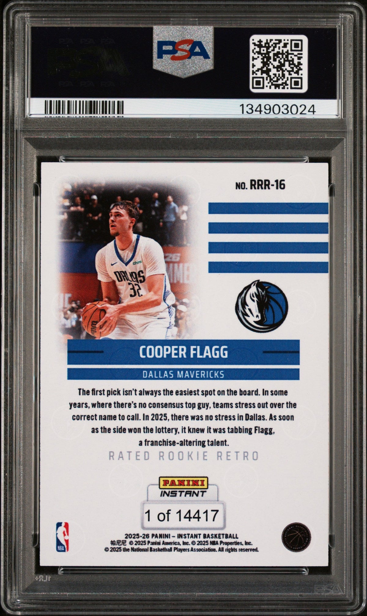 Graded 2025 Panini Instant Cooper Flagg #RRR16 Rated Rookie Retro Rookie RC Basketball Card PSA 10 Gem Mint