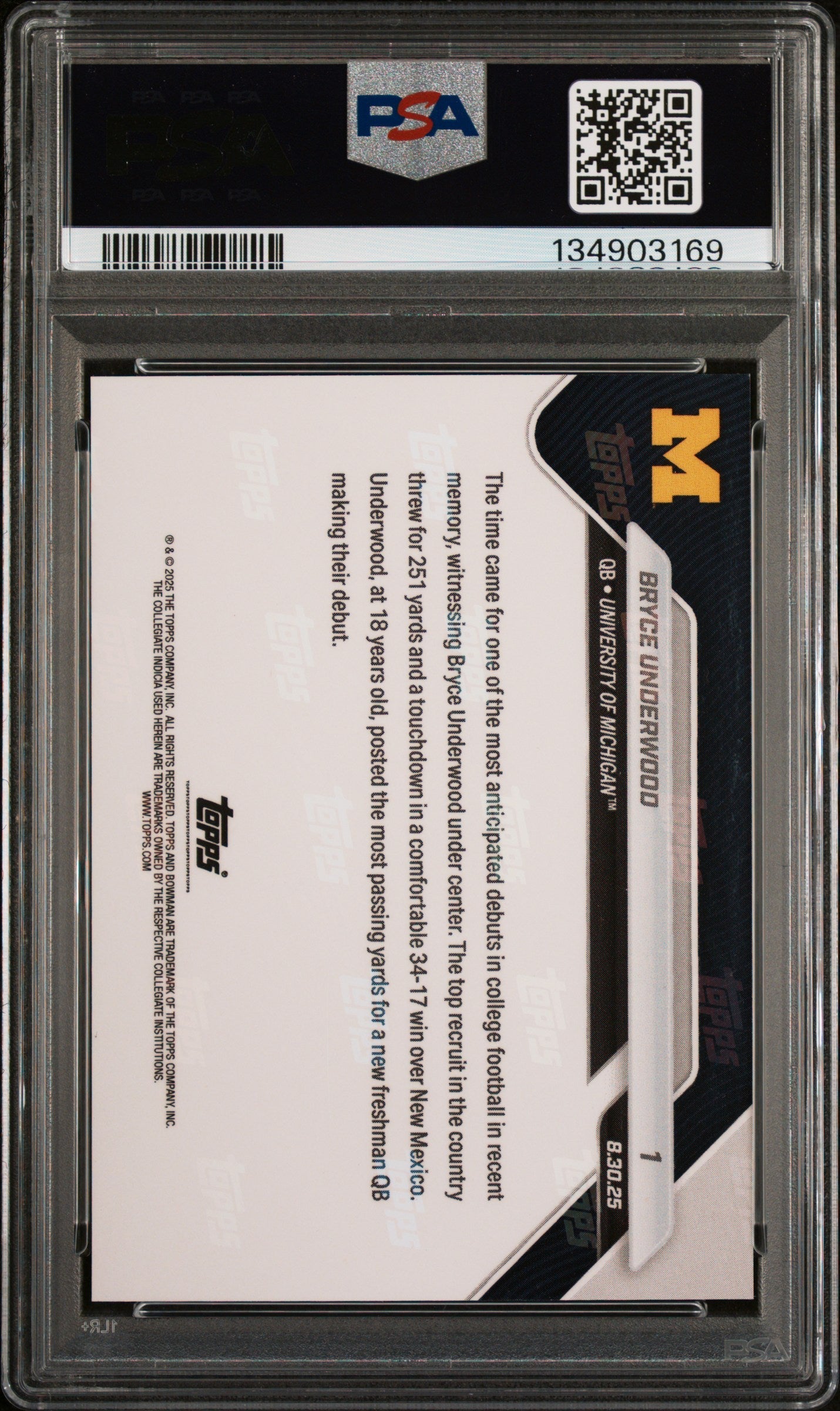 Graded 2025 Topps Bowman U Now Bryce Underwood #1 Rookie RC Football Card PSA 10 Gem Mint