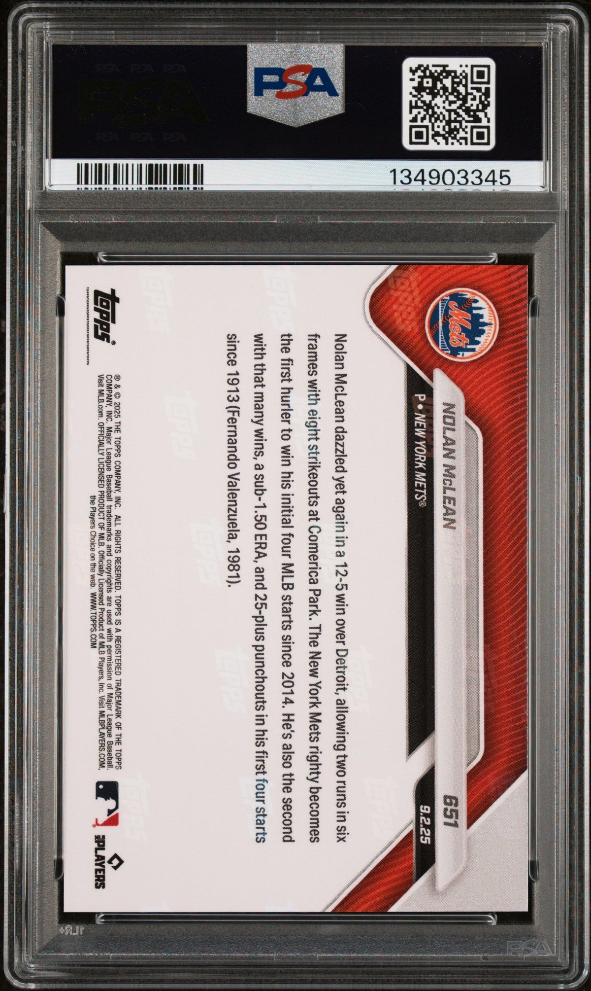 Graded 2025 Topps Now Nolan McLean #651 Rookie RC Baseball Card PSA 9 Mint