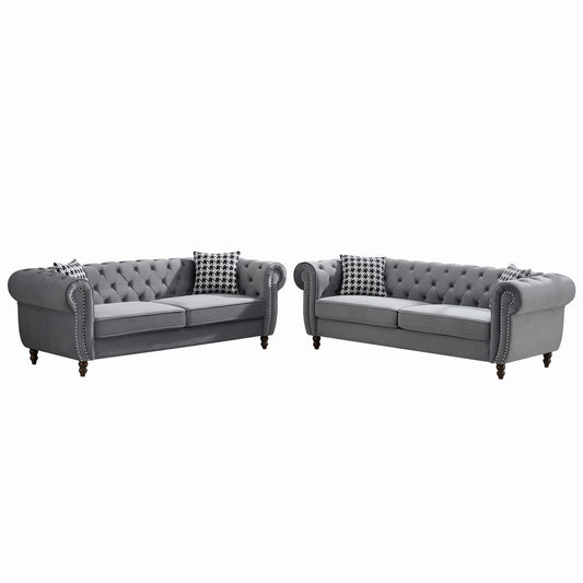 Chesterfield Upholstery Fabric Sofa With Roll Armrest & Nailhead, Mid Century Modern 3 And 3 Seater Couch