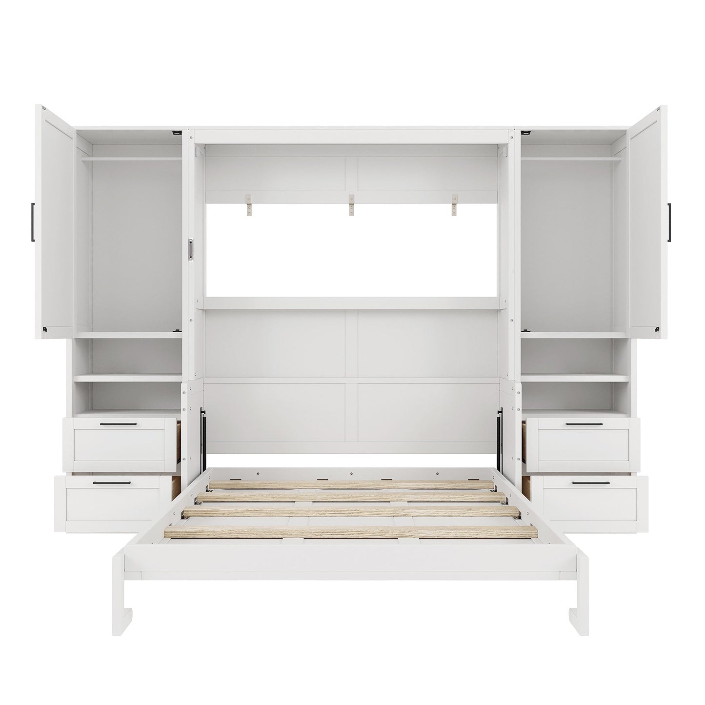 Queen Size Murphy Bed Wall Bed with Closet, Drawers and Shelves, White