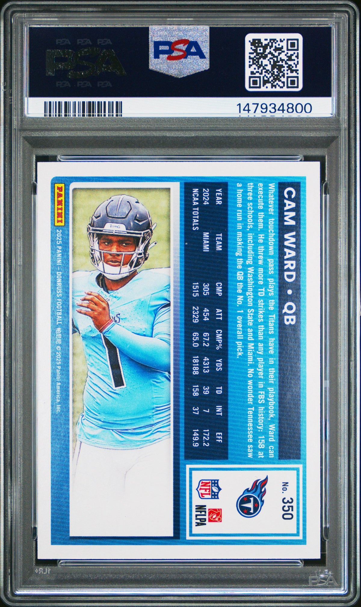 Graded 2025 Panini Donruss Cam Ward #350 Press Proof Silver /199 Rookie RC Football Card PSA 9 Mint