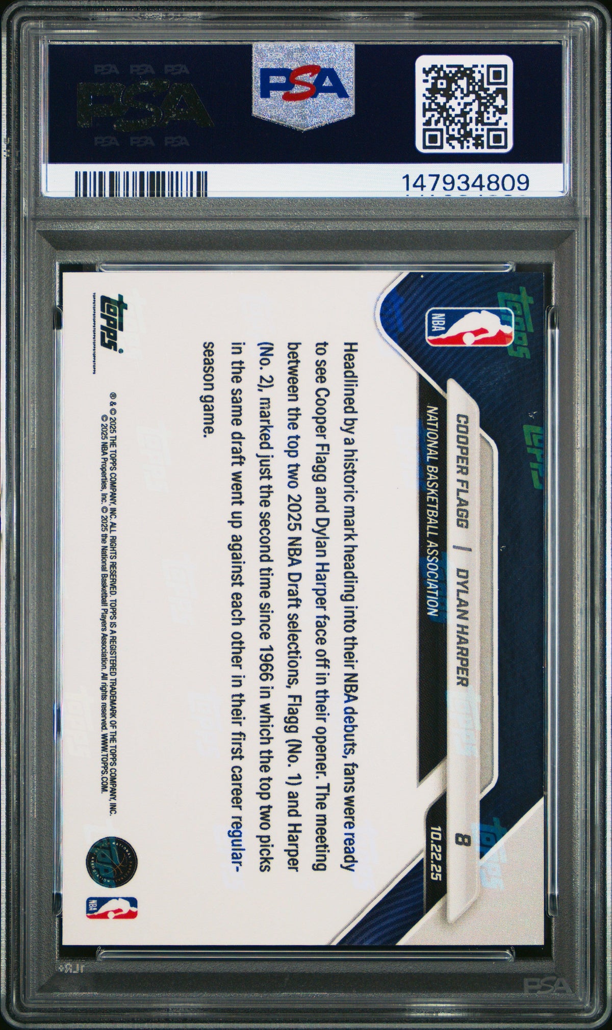 Graded 2025 Topps Now Cooper Flagg/Dylan Harper #8 FoilFractor 1/1 Rookie RC Basketball Card PSA 9 Mint