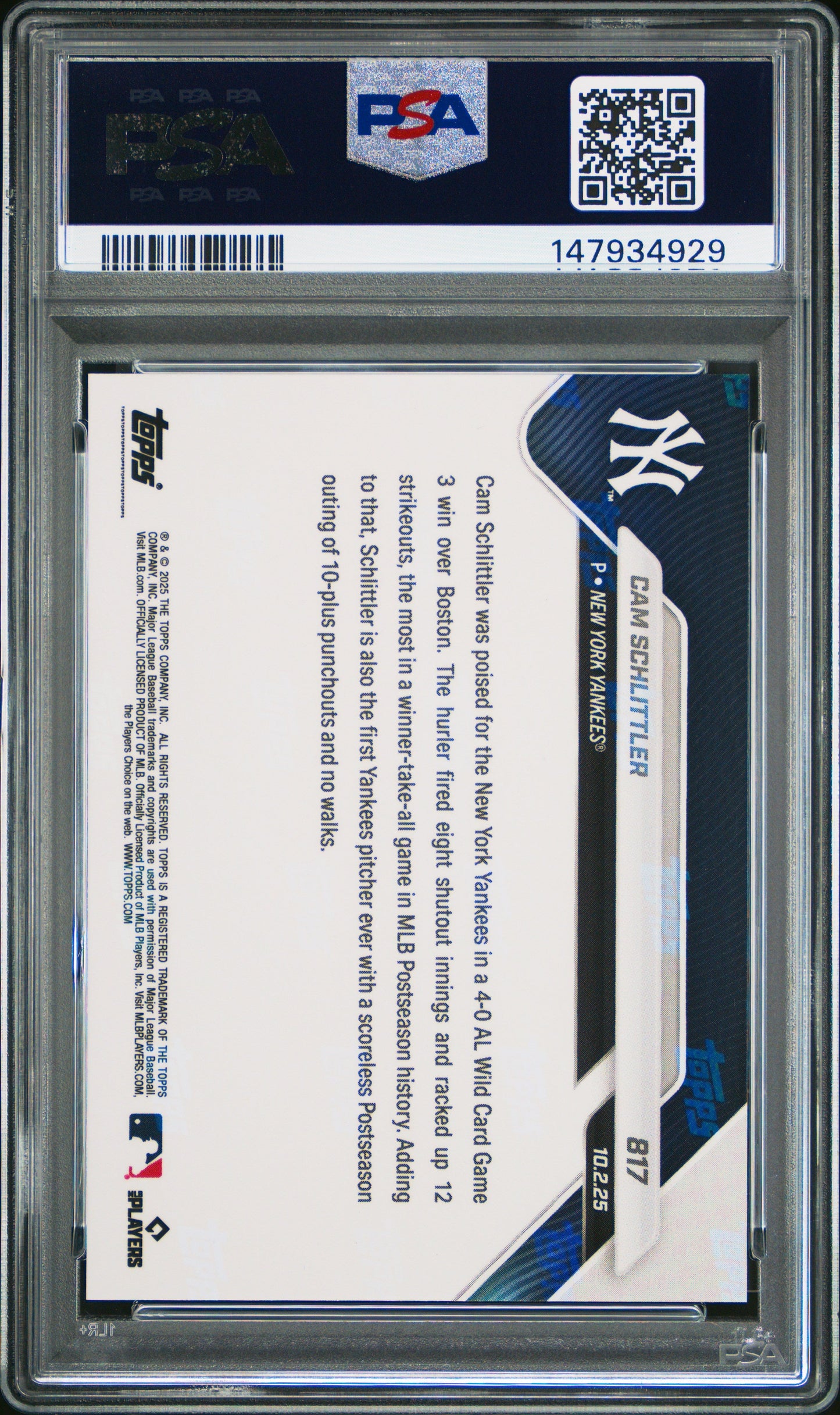 Graded 2025 Topps Now Cam Schlittler #817 Rookie RC Baseball Card PSA 10 Gem Mint