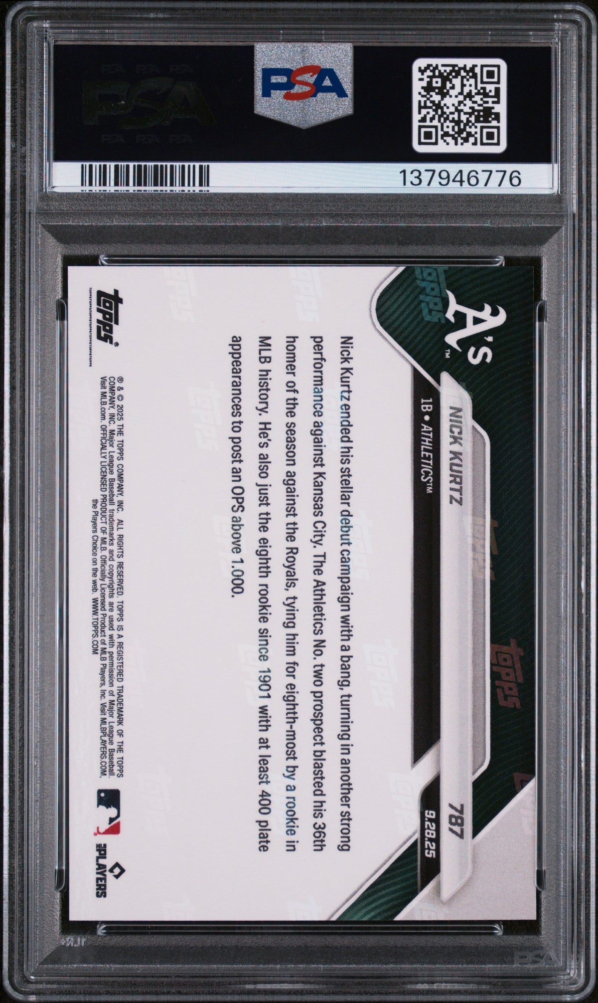 Graded 2025 Topps Now Nick Kurtz #787 Rookie RC Baseball Card PSA 8 Near Mint