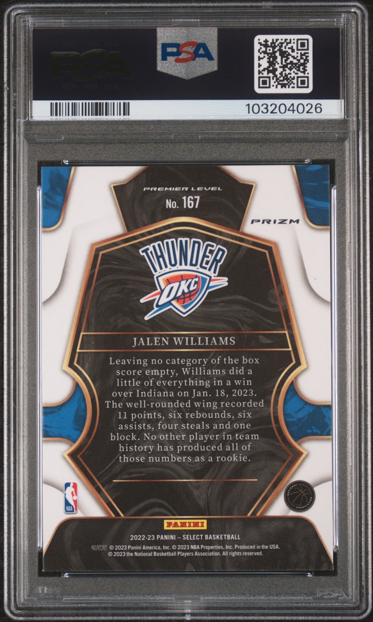 Graded 2022 Panini Select Jalen Williams #167 Blue Cracked Ice Rookie RC Basketball Card PSA 10 Gem Mint