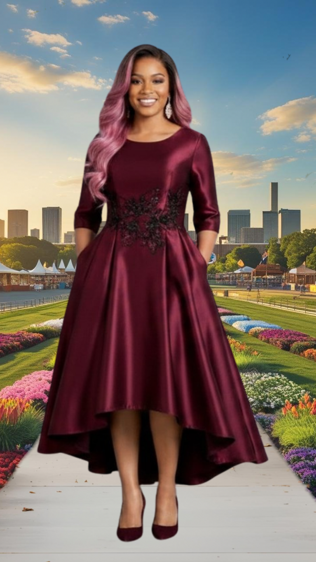 FLIPSTYLEZ LLC. Burgundy Floral Embroidered Satin Gown | Long Evening Spring Maxi Dress for Casual Elegance