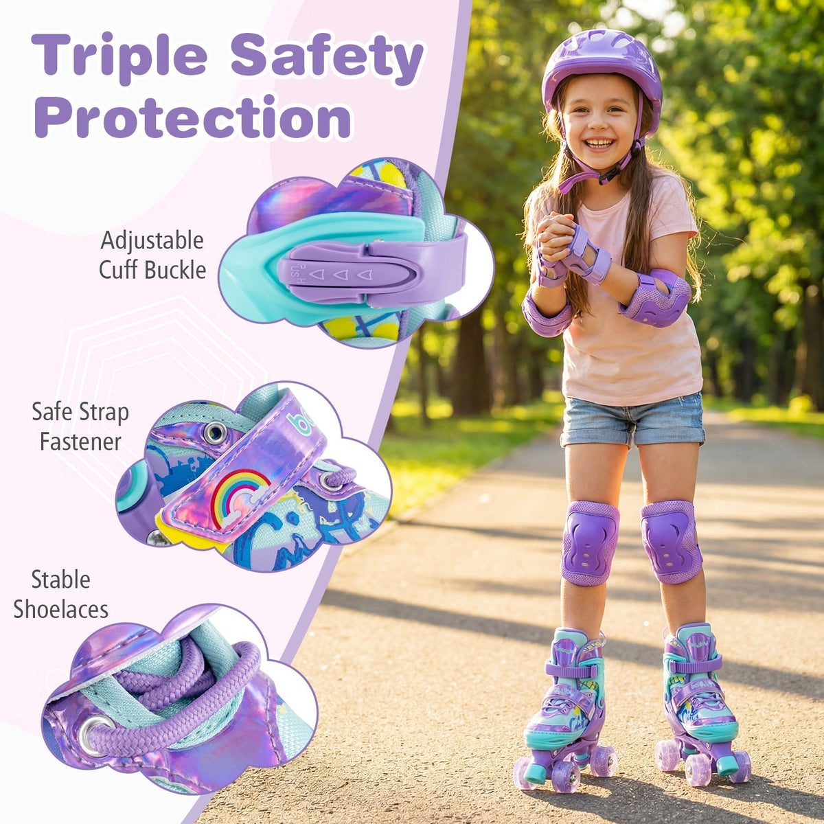 4 Sizes Adjustable Kids Roller Skates with Light-up Wheels and Safety Protection M Size-Purple