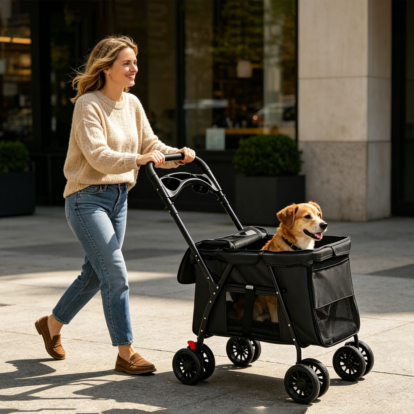 Pet Stroller Foldable 4-Wheel Design with Breathable Mesh