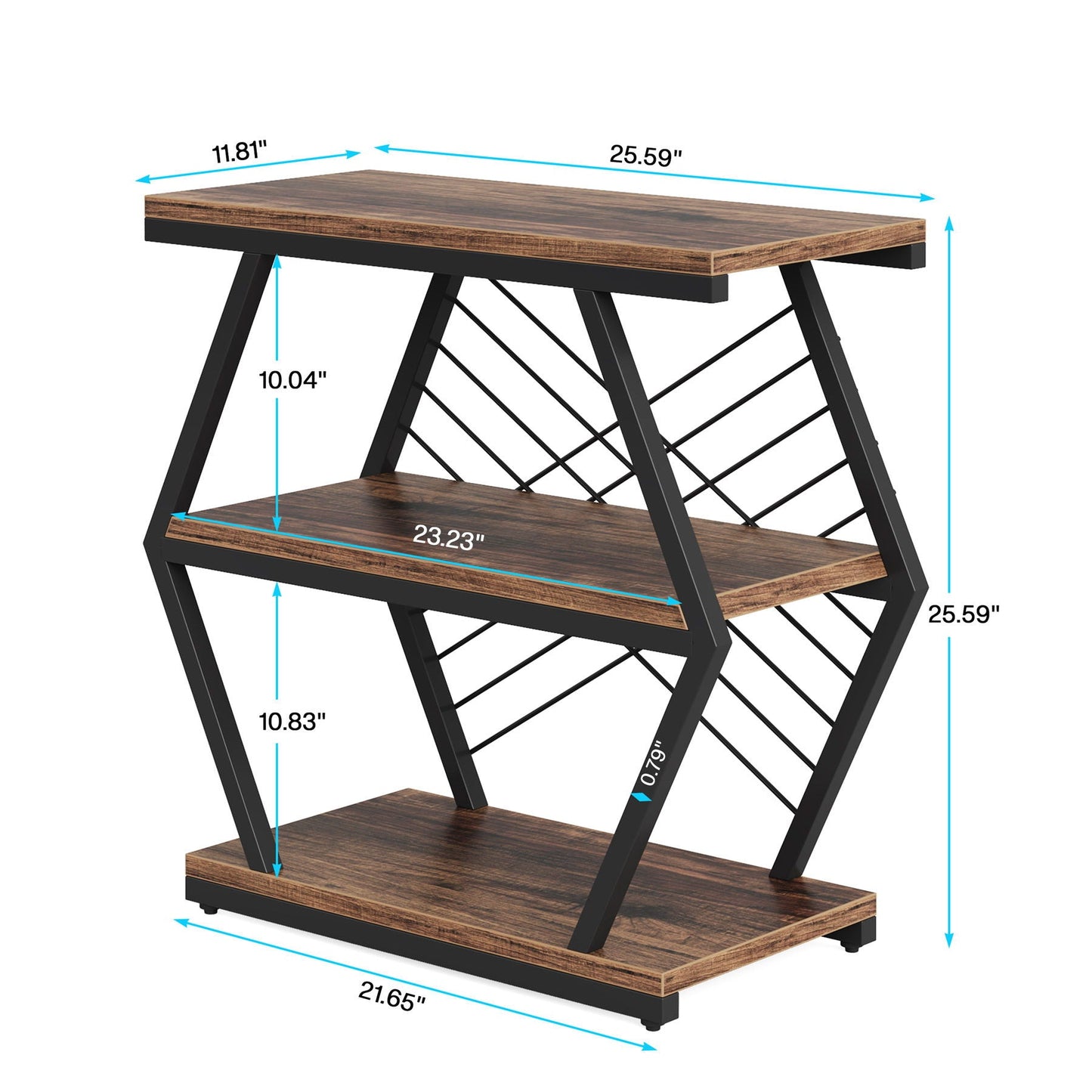 3 Tier End Table Frame With Geometric Design For Living Bedroom - Rustic Brown