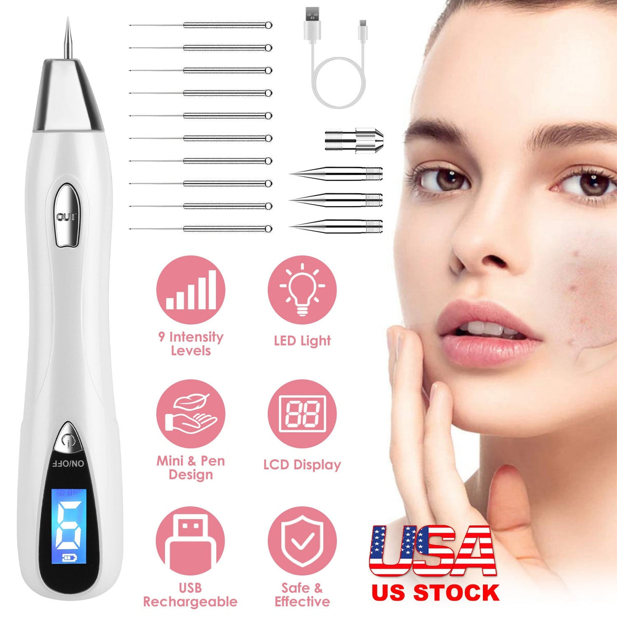 Skin Tag Remover Skin Tag Repair Kit Tattoo Freckle Wart Mole Remover Pen with 9 Intensity Levels 10 Fine Needles 3 Coarse Needles