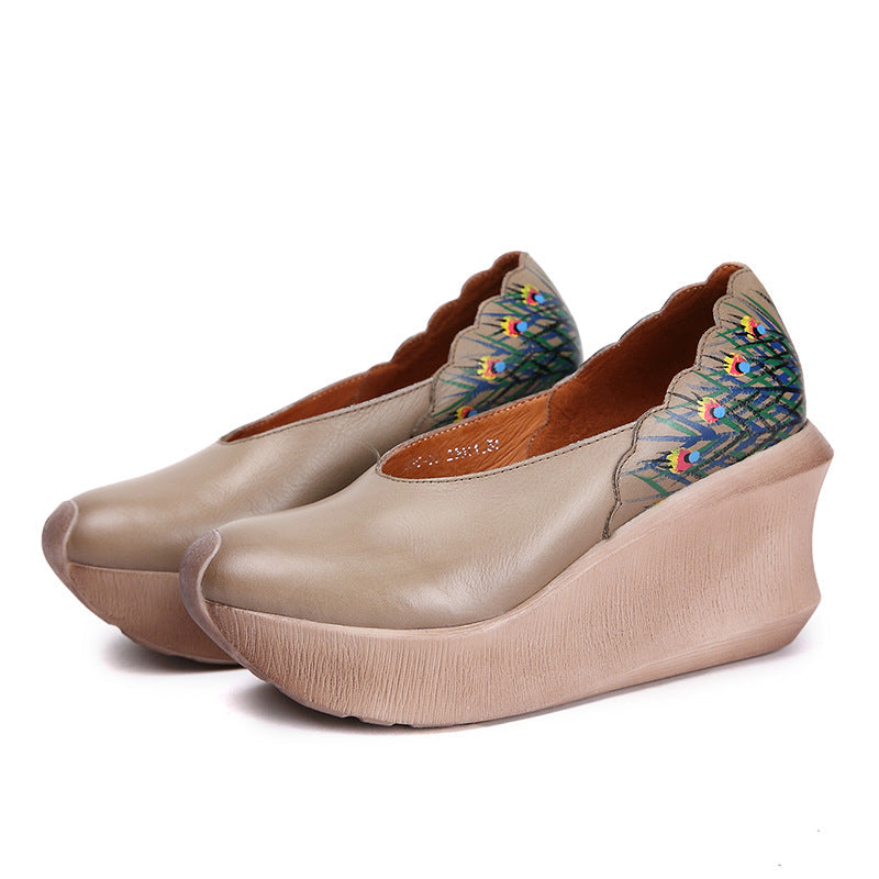 Hand-Painted Peacock Feather Platform Wedge Vintage Leather Shoes