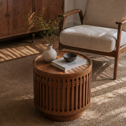 18.9" Round Wooden Side Table with Cylinder Lattice Design