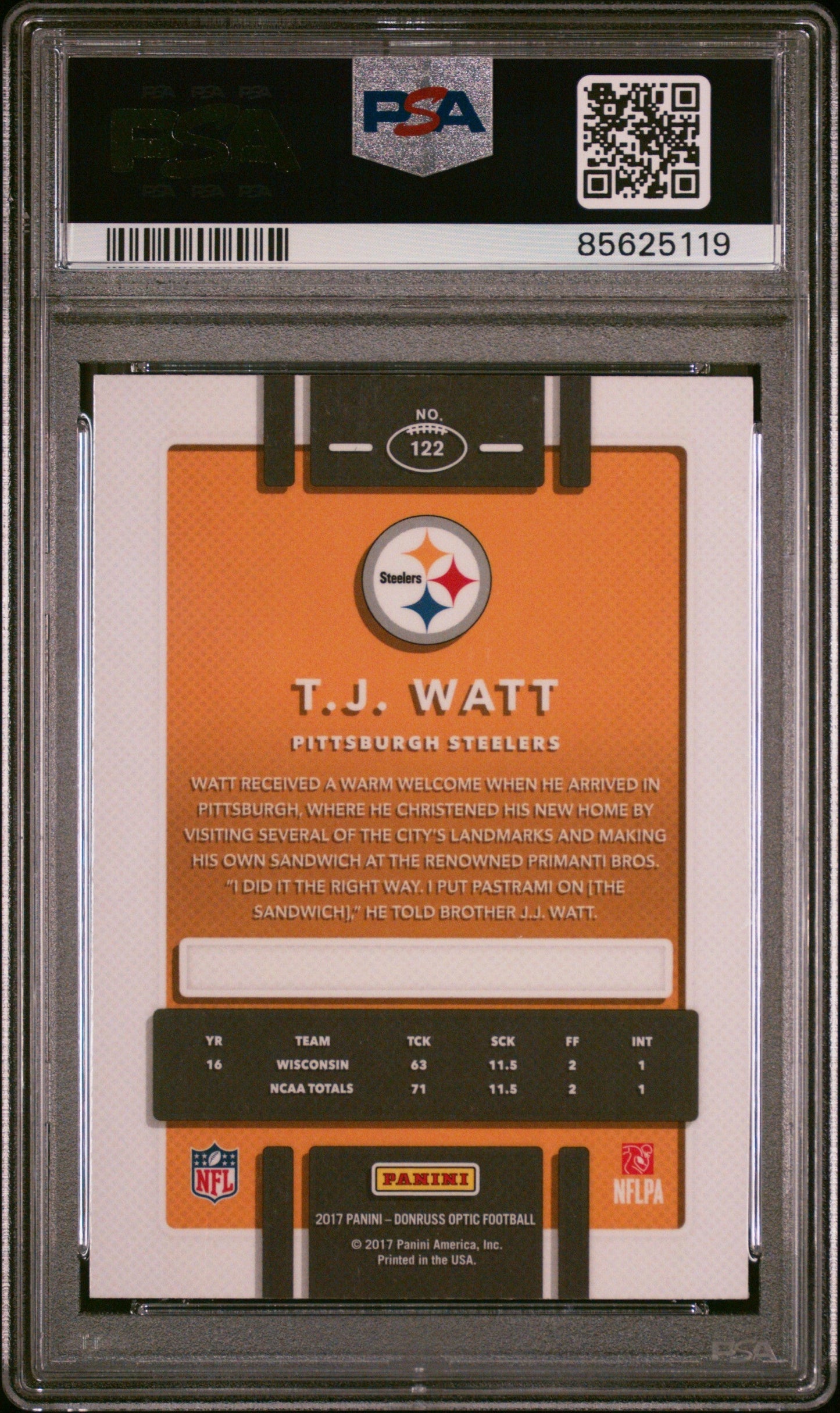 Graded 2017 Panini Donruss Optic T.J. Watt #122 Rookie RC Football Card PSA 9 Mint