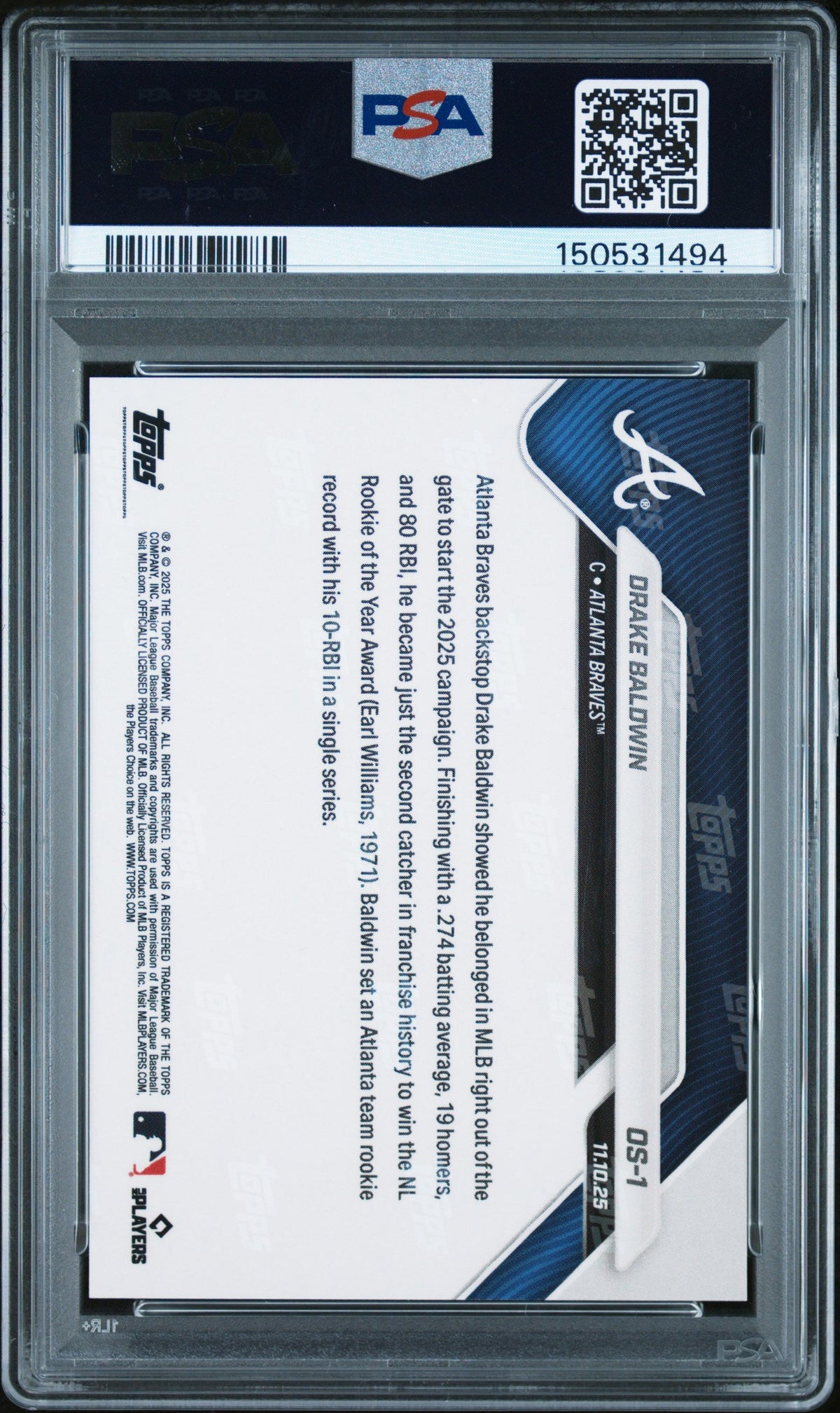 Graded 2025 Topps Now Drake Baldwin #OS1 Offseason Gold Foil /50 Rookie RC Baseball Card PSA 10 Gem Mint