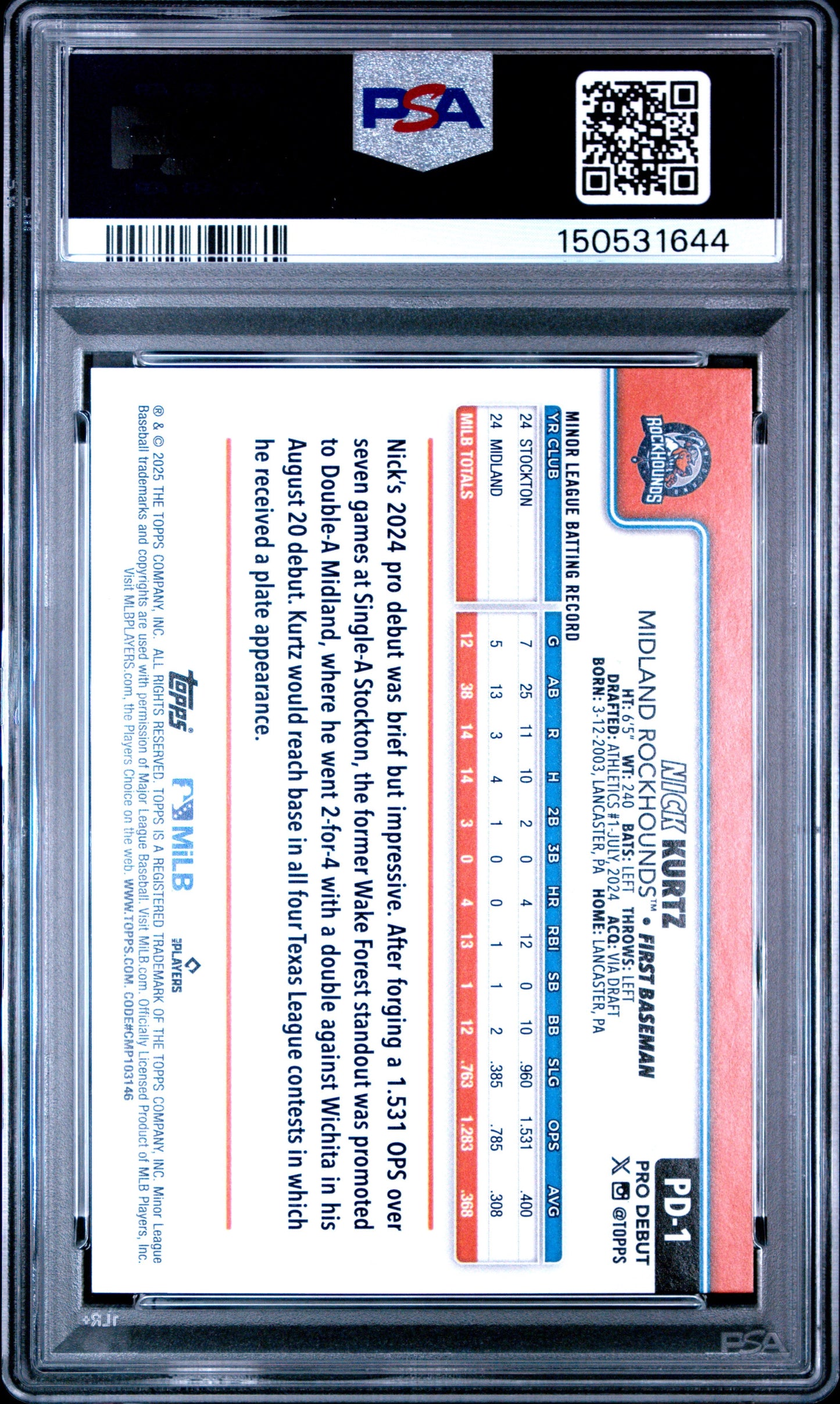 Graded 2025 Topps Pro Debut Nick Kurtz #PD1 Rookie RC Baseball Card PSA 10 Gem Mint