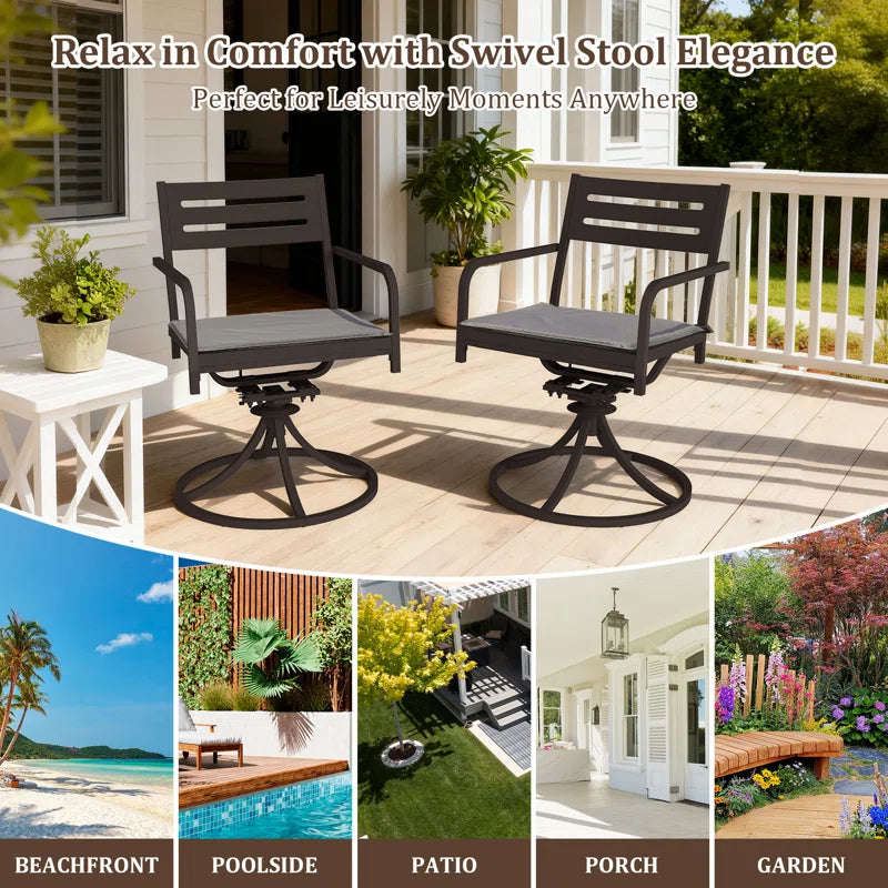 Set of 2 Powder-Coated Steel 360° Swivel Outdoor Dining Chairs with All-Weather Cushions